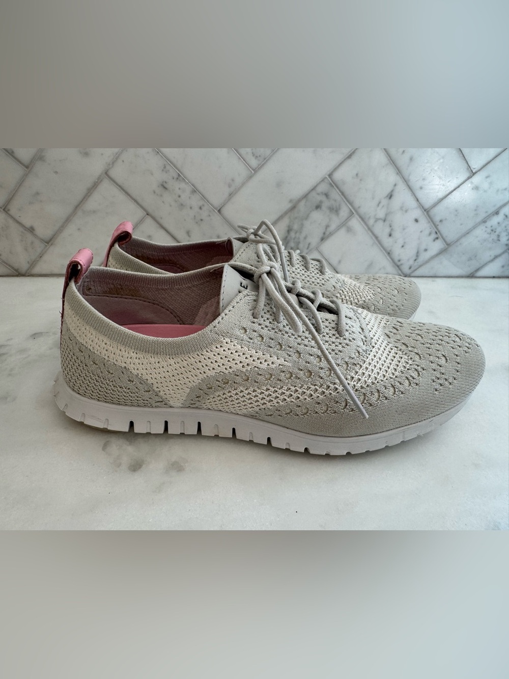 Cole Haan Knit Lace-Up Sneakers in Light Gray with Pink Accents Size 8